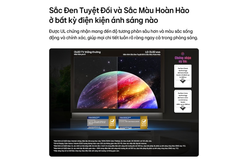 LG OLED evo AI G6 shows a split-screen planet-and-stars scene, comparing an anti-glare matte display with its Perfect Black & Perfect Color display for clearer picture quality in any light, supported by UL certification and Intertek certifications for color accuracy and Reflection-Free.
